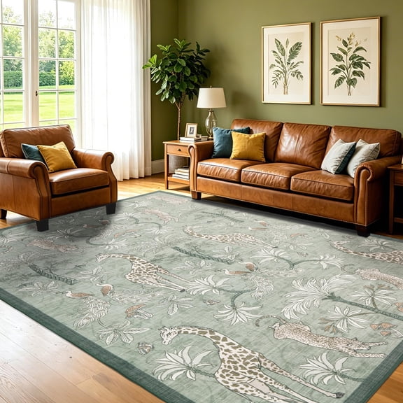 5x7 Area Rug for Living Room, Jungle Animal Washable Rug, Soft Non Slip Carpet Indoor Rug for Bedroom, Dining Room, Nursery, Home Decor, Light Green