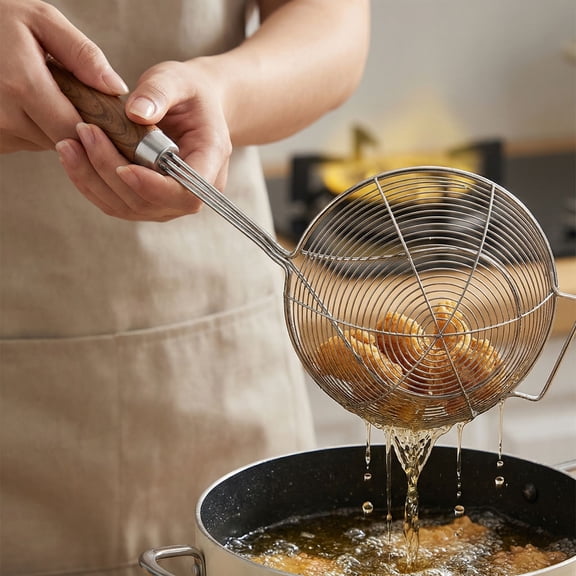 Premium Stainless Steel Skimmer Spoon, Durable Mesh Strainer with Wood Handle, Kitchen Fine Sieve for Frying and Cooking, Professional Slotted Ladle for Oil Water Separation, 1Pc 14#