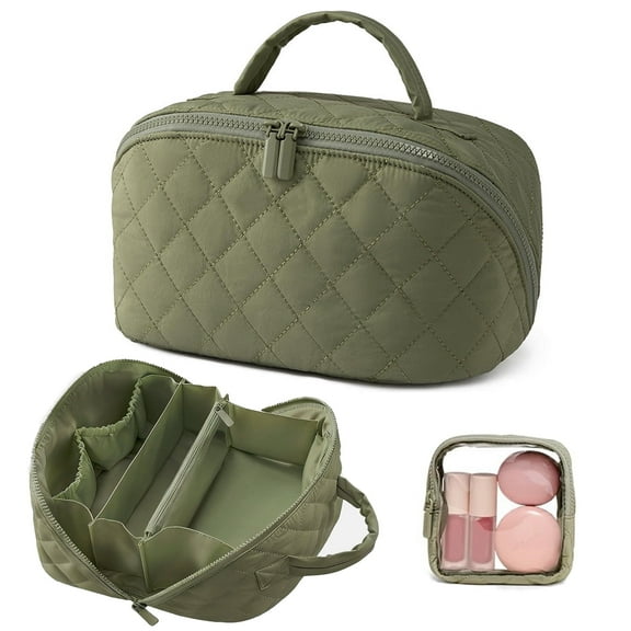 Cosmetic Bag for Women, Large Capacity Travel Makeup Bag with Compartments Water-Resistant Toiletry Bag 180° Wide Open Expandable Lay Flat Makeup Bag Cosmetic Case Organizer (Green)