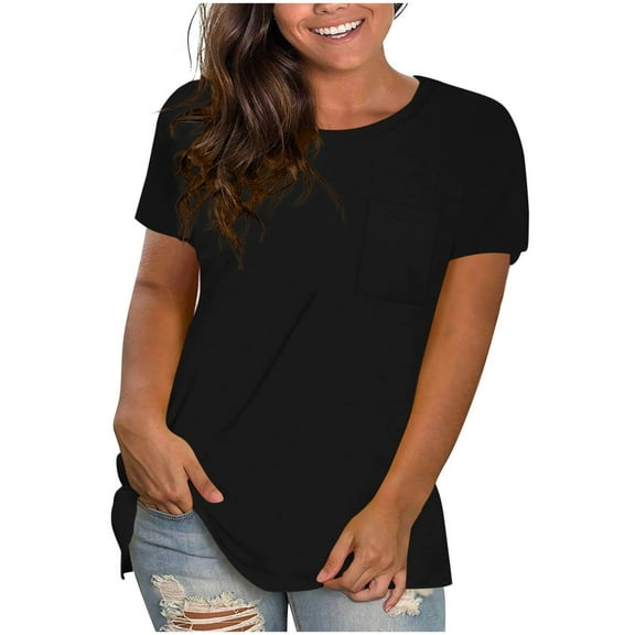 Yubnlvae Women's Round Neck Pocket T-Shirt - Basic Casual Short Sleeve Everyday Top (Pink, Black, White, Khaki, Wine | S-XXXL) (Black | L)
