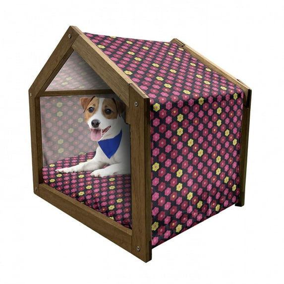 Daisy Pet House, Flat Design Simplistic Chamomile Petals Repeating in Contrast Colors, Outdoor & Indoor Portable Dog Kennel with Pillow and Cover, 5 Sizes, Yellow Pink and Magenta, by Ambesonne