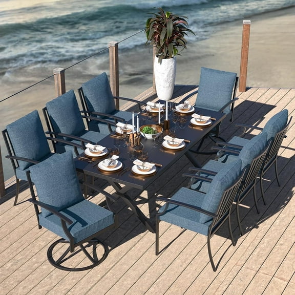 Kullavik 9 Pcs Dining Sets of 8,Fence Pattern Back Chairs & Swivel Chairs,Outdoor Patio Dinging Set For Patio,Backyard,Garden,Poolside-Navy
