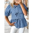 thumbnail image 3 of Women's Denim Shirt Lace Up Front Ruffled Sleeve Casual Blouse Round Neck Bow Tie Detail Stylish Top, 3 of 8