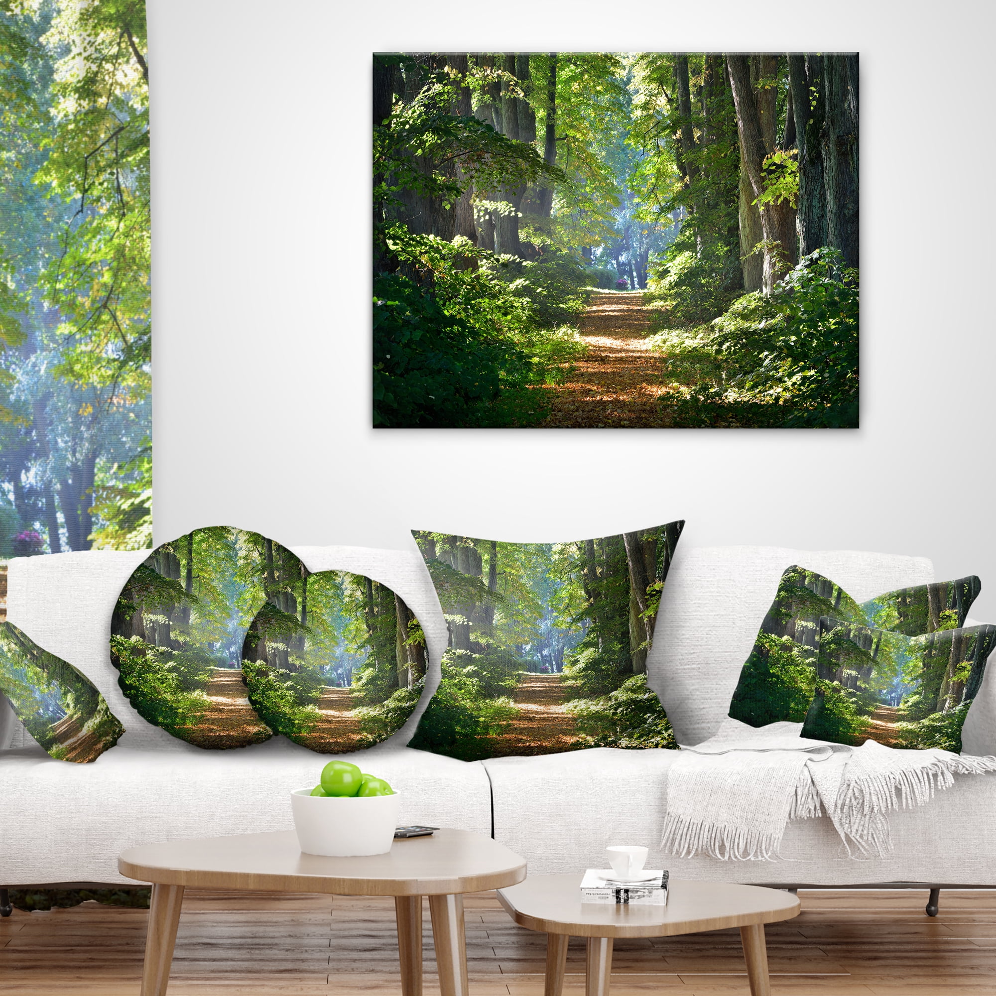 Designart Bright Green Forest in Morning - Landscape Photography Throw Pillow - 18x18
