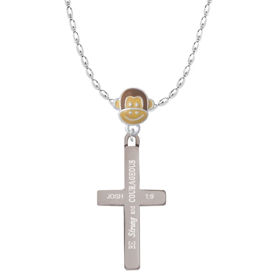 Delight Jewelry Stainless Steel Joshua 1:9 - Be Strong and Courageous Engraved Cross - Mia Monkey Charm Necklace