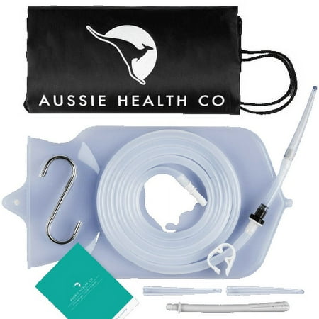 Aussie Health Co Non-Toxic Silicone Enema Bag Kit - 2 Quart Capacity for Water & Coffee Colon Cleansing - BPA & Phthalates Free - 6.5 Foot Hose, 3 Tips, Strong Clamp, Bonus Nozzle & Instruction Guide
