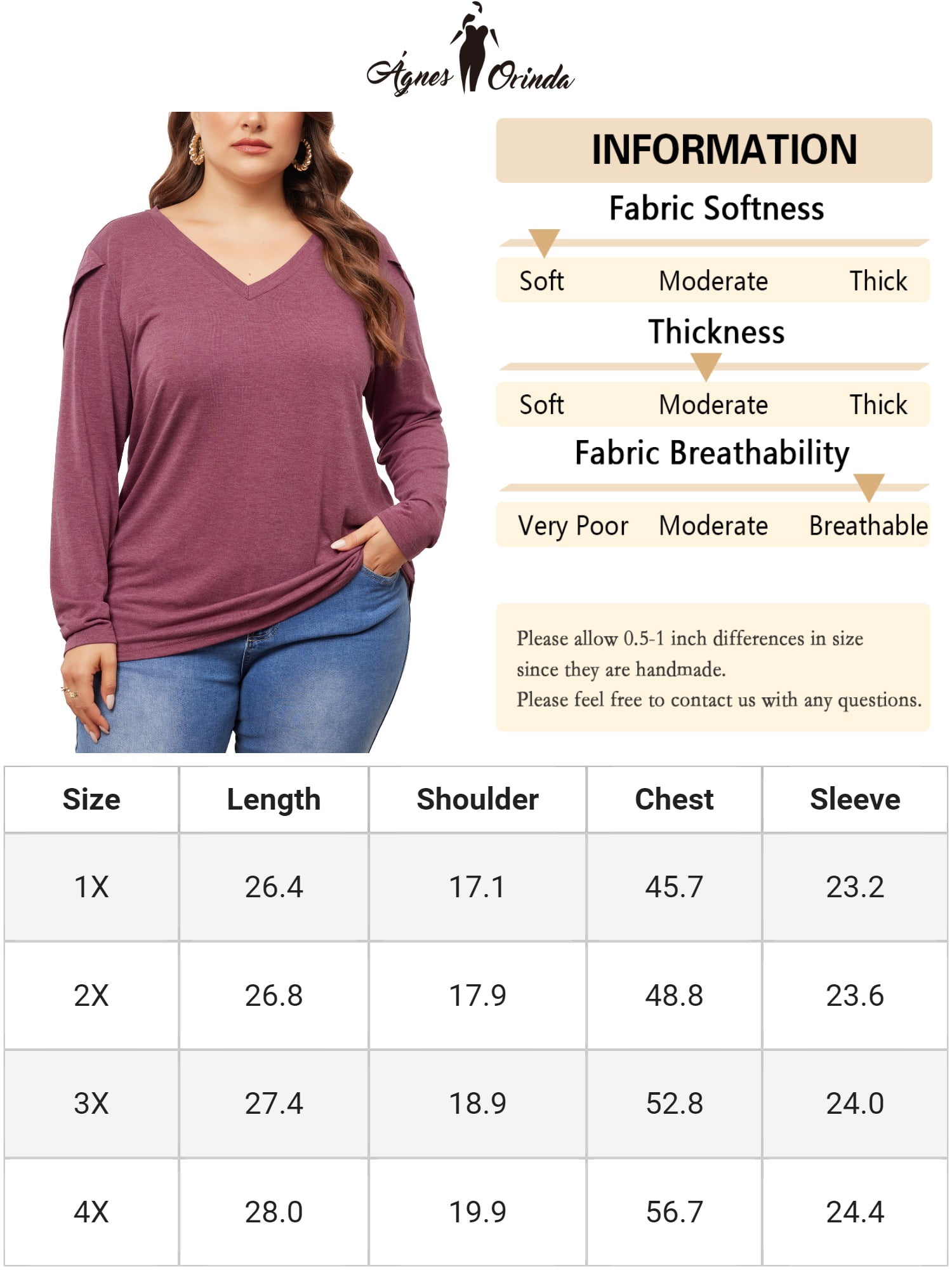 DARING DIVA Women's Plus V Neck Tulip Long Sleeve T-Shirt Casual Blouses 2X Purple Red