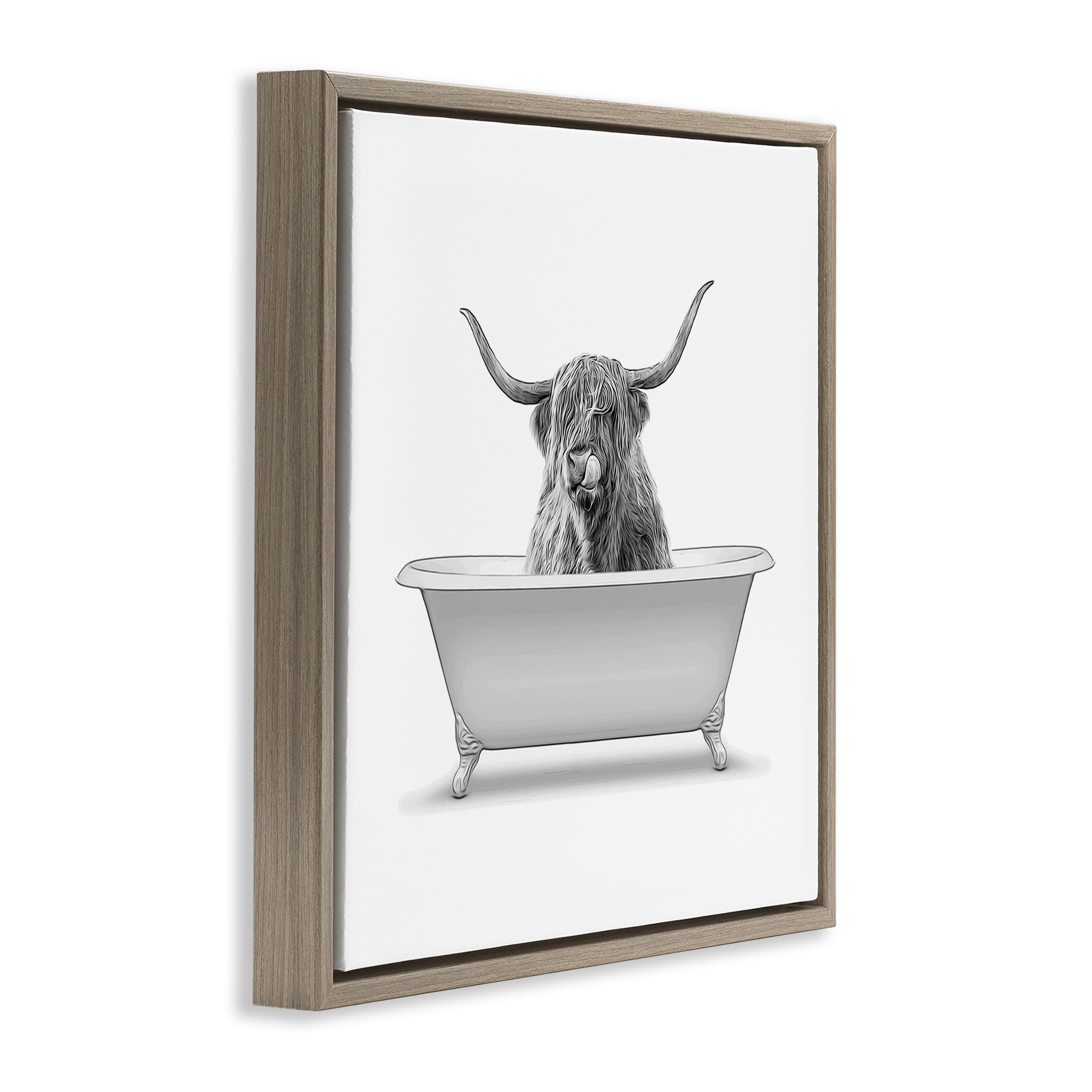 Stupell Industries Longhorn Highland Cow Bath Tub Animals & Insects Painting Brown Floater Framed Canvas Art Print Wall Art, 25 x 25