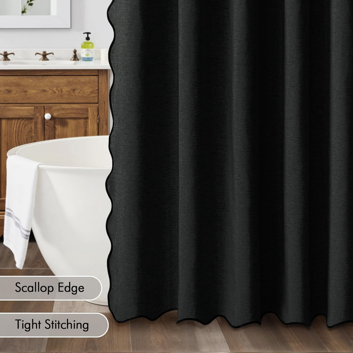 96" Long Scalloped Shower Curtain Linen Textured with 12 Metal Hooks Cute Extra Long Heavy Duty Washable Waterproof Cloth Shower Curtains with Black Border for Bathroom Hotel Bathtub,Black