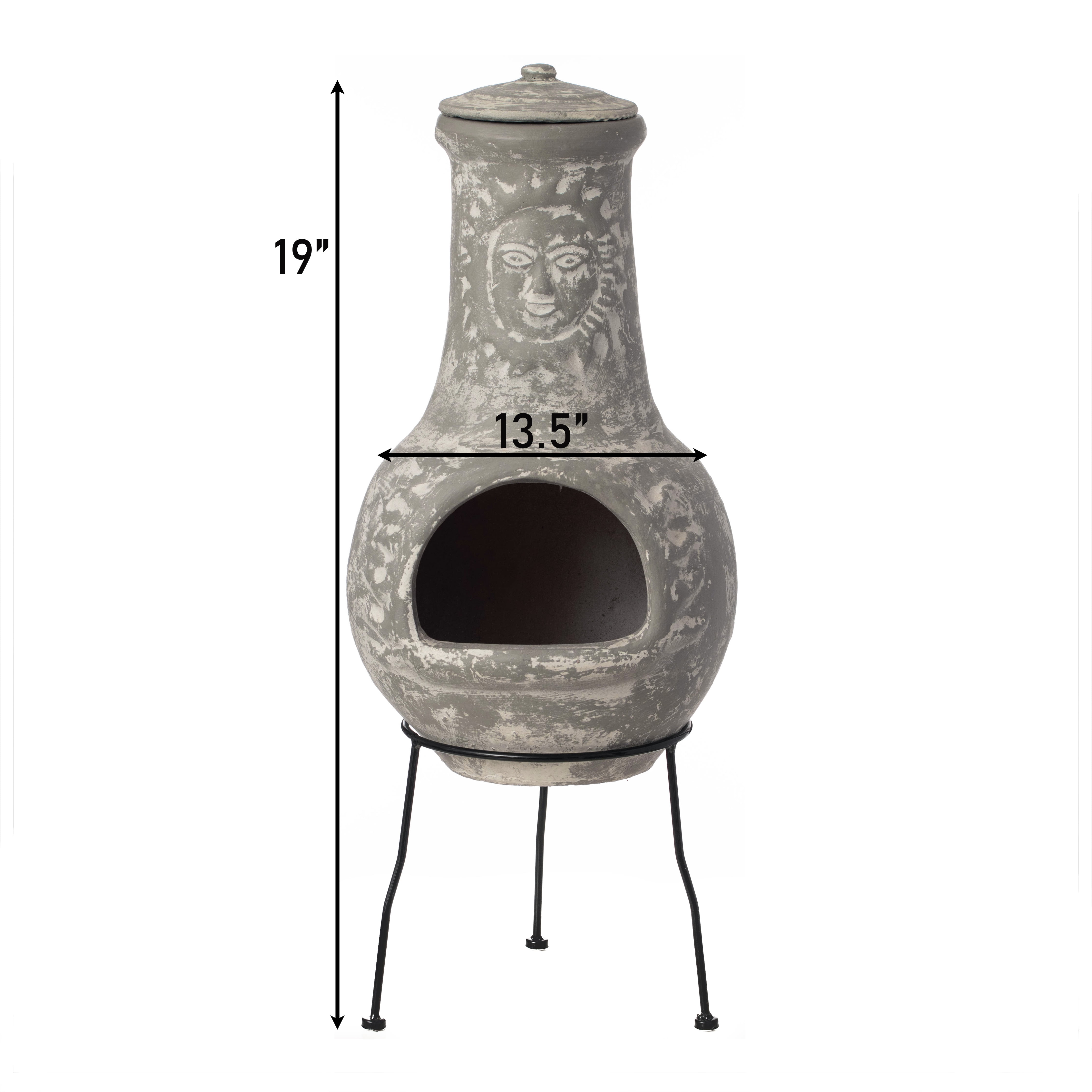 Vintiquewise QI004631.G Outdoor Clay Chiminea Fireplace Sun Design Wood Burning Fire Pit with Sturdy Metal Stand, Barbecue, Cocktail Party, Cozy Nights Fire Pit, Stone Gray