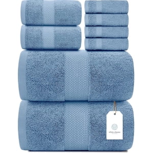 White Classic Hotel Collection 8-Piece Towel Set, Light Blue