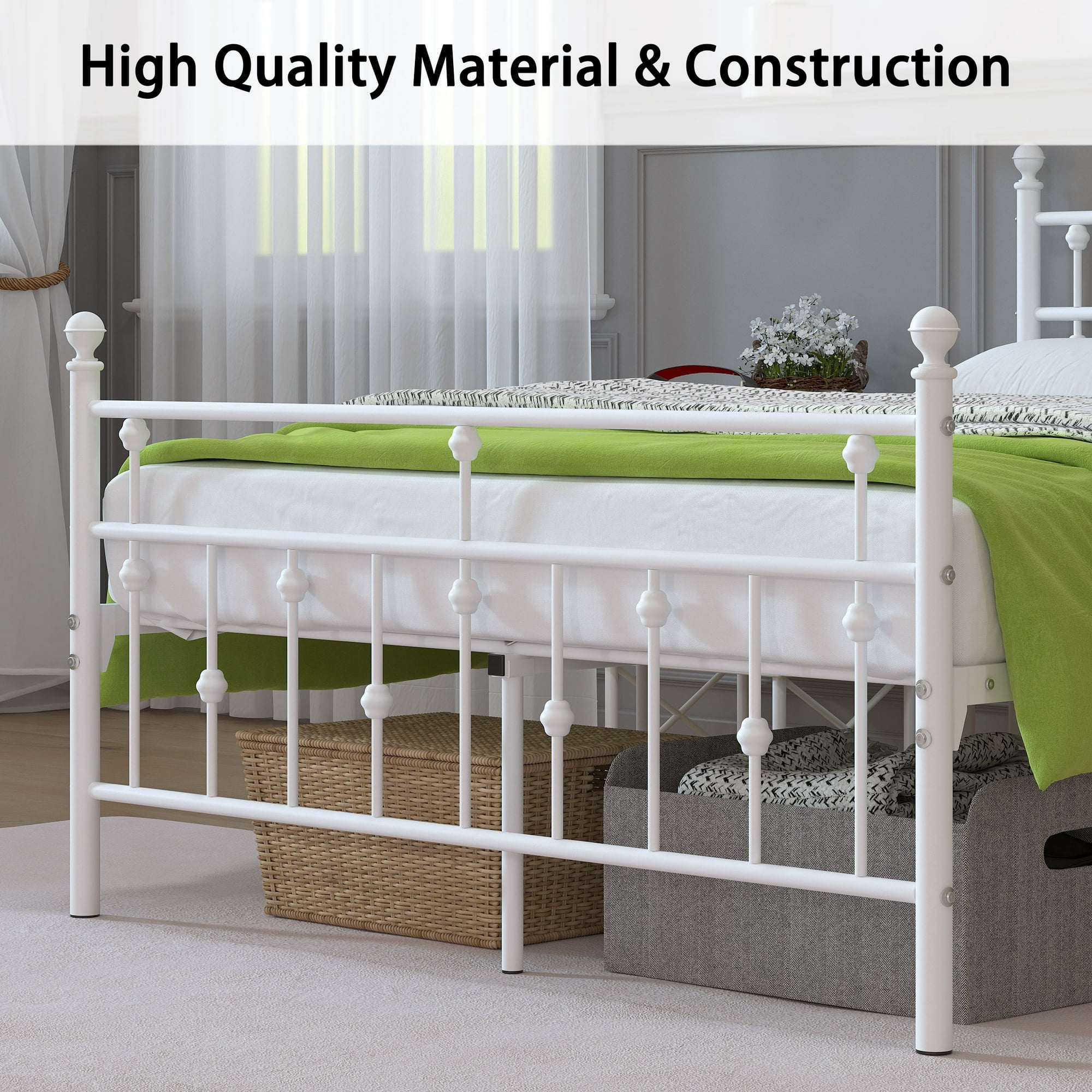 Yoneston Full Size Metal Platform Frame with Retro Headboard and 14-Inch Storage for Teens Adult, No Box Spring Needed - White