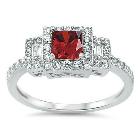 Simulated Garnet Ring CHOOSE YOUR COLOR Simulated Garnet Square Solitaire Polished Ring New 925 Sterling Silver Band ()