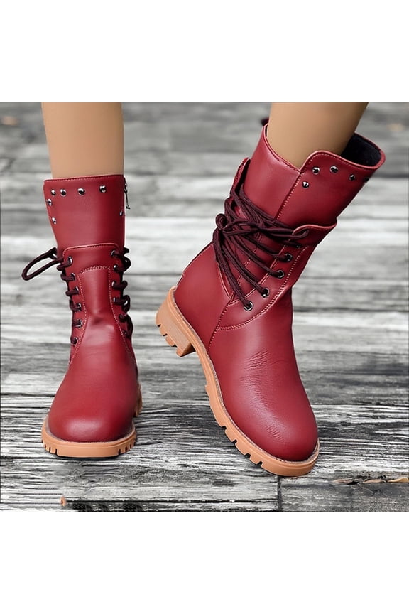 Women's Plus-Size Back Lace Boots Mid-Calf Martin Fall Winter Casual Shoes Red Size 9