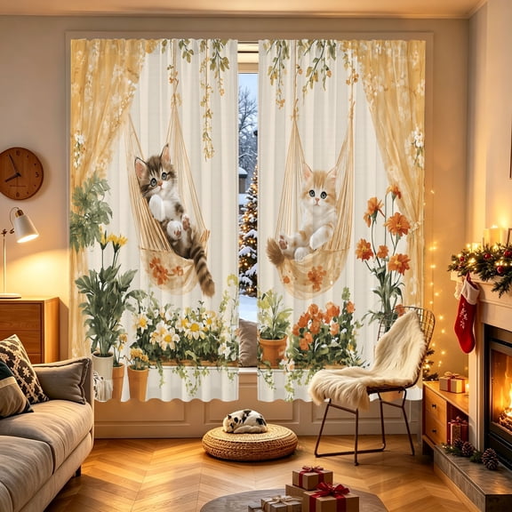 1/2pcs Cat Hammock Garden View Printed Window Curtain, 53.9x17.7/27.5x39.3/27.5x59 inch, Polyester, Light Permeable, Indoor Household Decor