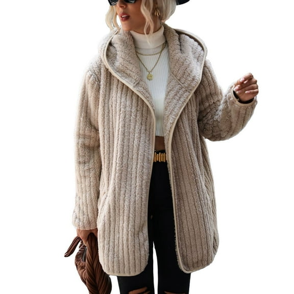 SWSMCLT Women's Long Sleeve Cardigan Fleece Coat Casual Spring Coats Winter Coat Fuzzy Hooded Open Front Cute Pocket Warm Light Coffee Large