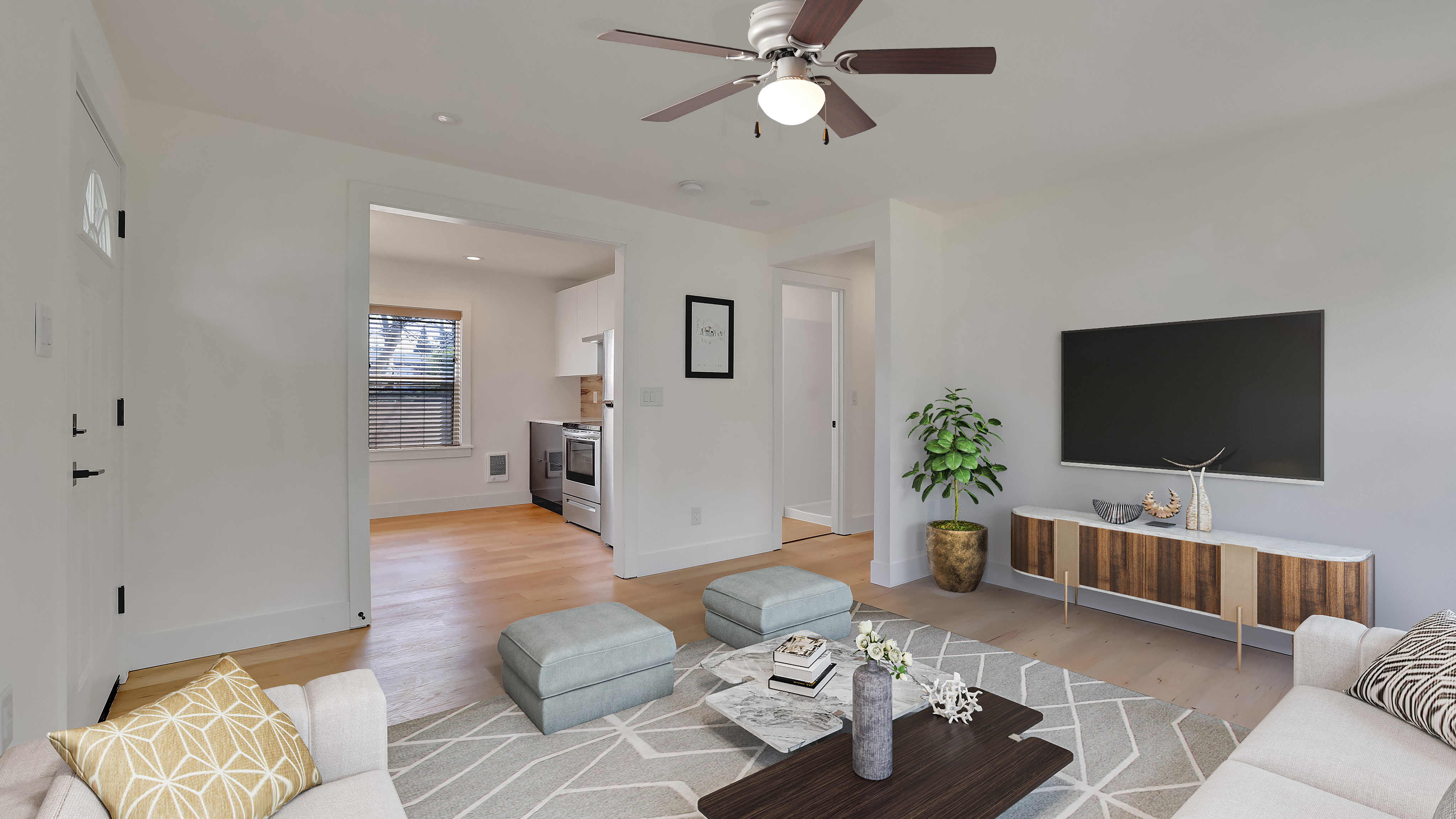 MAINSTAYS 44 INCH HUGGER INDOOR CEILING FAN WITH LIGHT KIT, SATIN NICKEL, 5 BLADES, REVERSE AIRFLOW