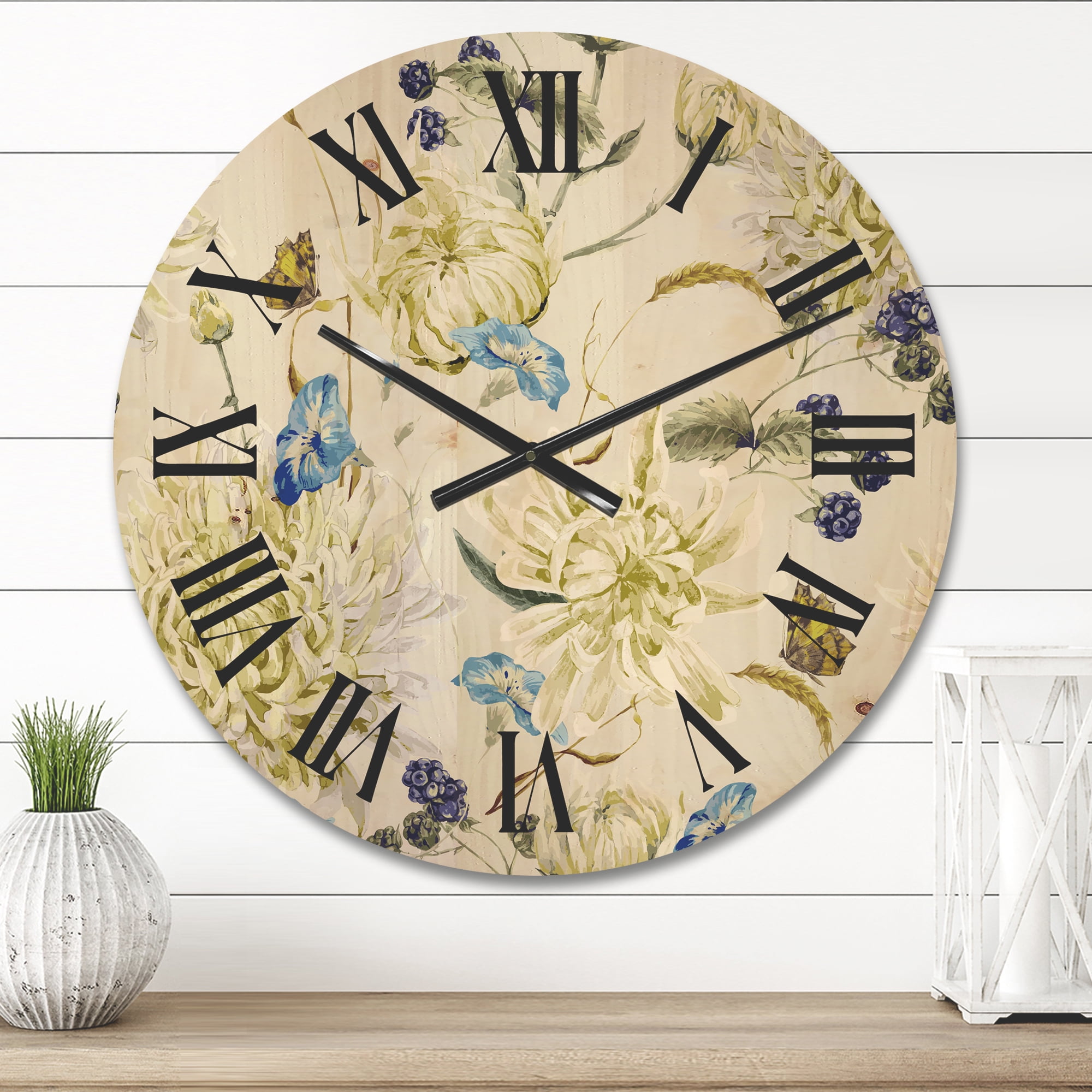 Designart 'Ancient Yellow Chrysanthemus II' Traditional Wood Wall Clock