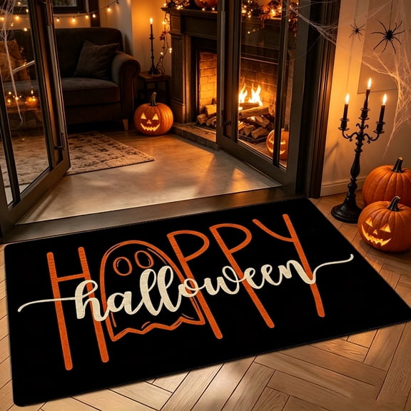 Halloween Ghost Welcome Mat, Spooky Front Door Rug with Happy Halloween Lettering, Non-Slip Indoor Outdoor Entrance Carpet for Porch & Patio Fall Decor