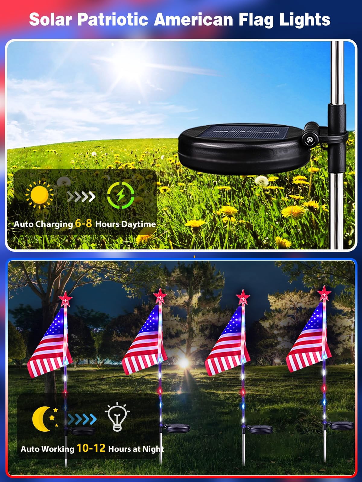 8 Pack Solar American Flag Lights Outdoor, 4th of July Decorations Outdoor, Waterproof Solar Flag Patriotic Lights for Yard, Garden, Pathway, Independence Day, 250th Anniversary
