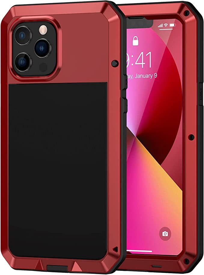 Étui Robuste pour iPhone 13 Pro, Étui Antichoc en Métal Robuste avec [Film pour Écran en Verre Trempé], Étui Protectrice 360 pour iPhone 13 Pro - Rouge