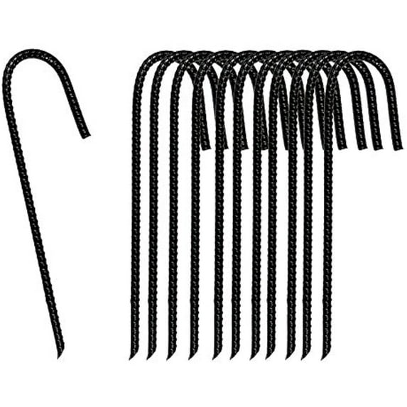 Urbalabs 12 inch Black Ground Anchor Rebar Stakes Anti Rust Heavy Duty J Hook Steel Metal Ground Anchors 3/8 inch 12 pk