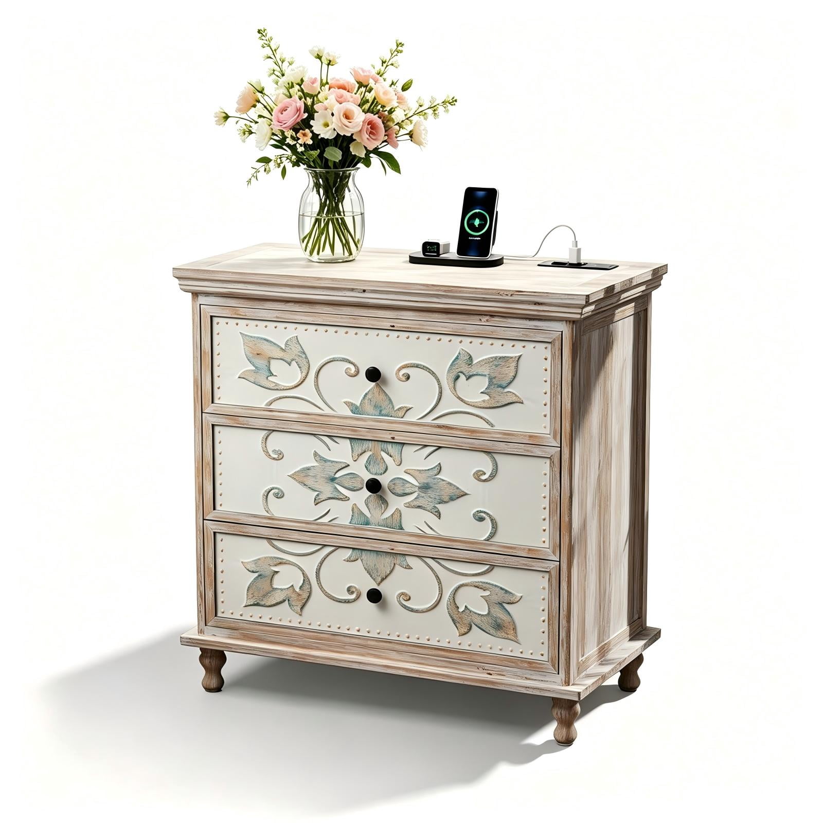 3-Drawer Nightstand with Carved Fronts, White and Wood, 31.5 x 15.75 x 32.24 in