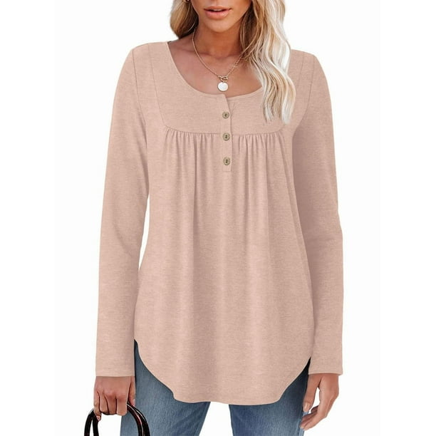 Camisas de Larga para Mujer, Conjuntos de Otoño, Cuello Redondo, Túnicas Casuales, Blusas de Moda, Ropa de Moda. Rosa M