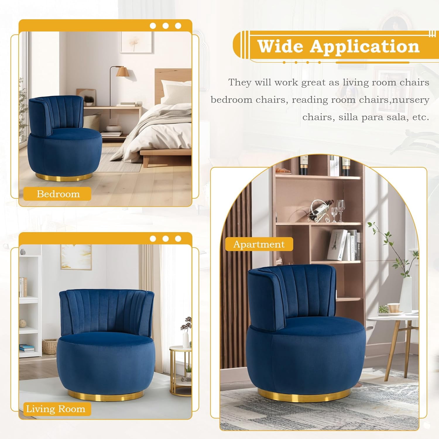 Aukfa 360-Degree Swivel Barrel Chair, Modern Velvet Round Accent Chair for Nursery and Living Room, Blue