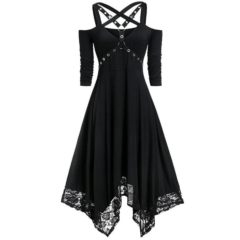 Snorda Goth Dress for Women Punk Midi Dress Half Sleeve Cold Shoulder Strap  Gothic Dress Ladies Sexy Fashion Lace Irregular Hem Swing Dress - Party