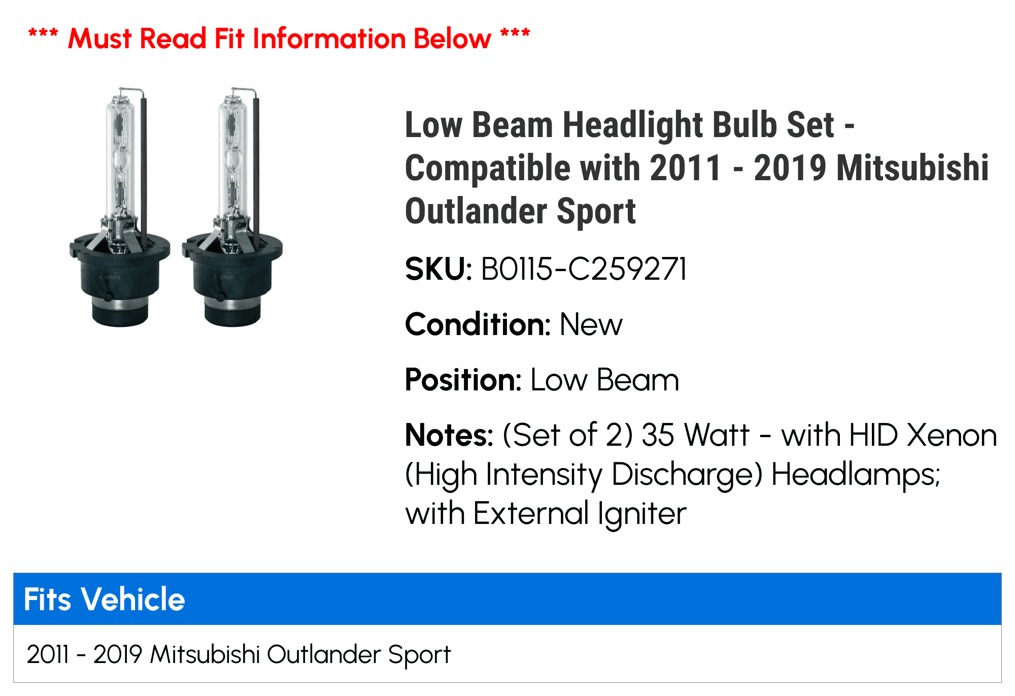 Low Beam Headlight Bulb Set - Compatible with 2011 - 2019 Mitsubishi Outlander Sport 2012 2013 2014 2015 2016 2017 2018