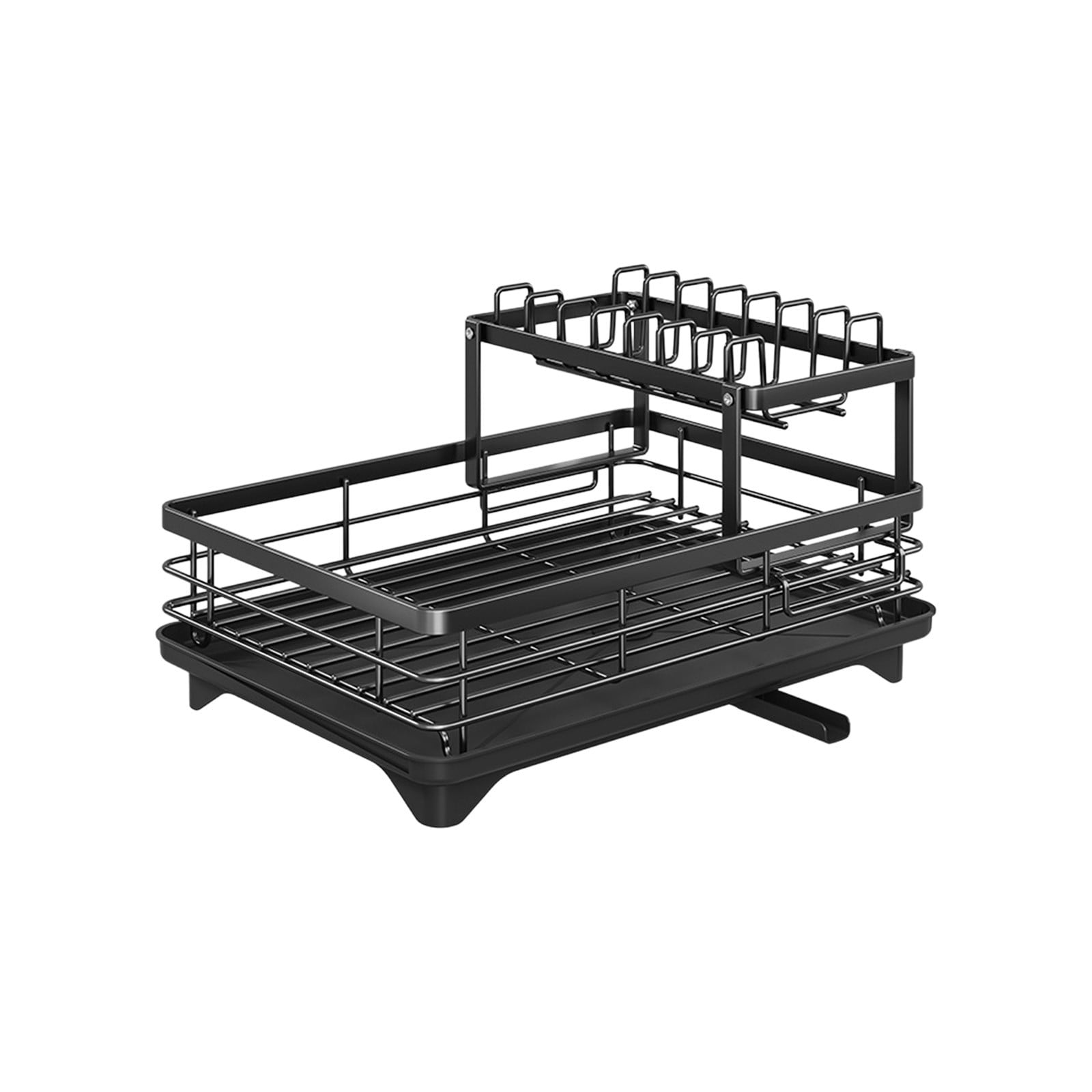 Dish Drying Rack Carbon Steel 2 Tier Draining Rack, Bowl Plate Chopstick Storage with Water Drain Tray, Countertop Dish Organizer for Kitchen Sink and Counter