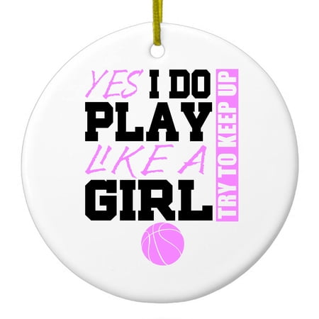 DistinctInk Hanging Ceramic Christmas Ornament - Volleyball Yes I Do Play Like a Girl - Gold String 2-3/4 inch Diameter