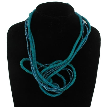 Turquoise Blue Wood Beaded Bendable Wire Sculpture Necklace Statement