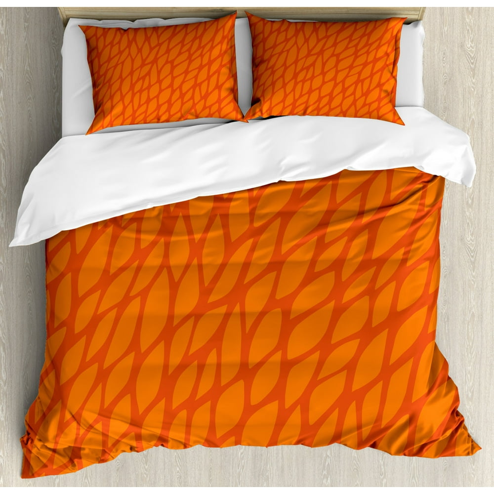 Burnt Orange King Size Duvet Cover Set, Abstract Foliage Leaves Pattern
