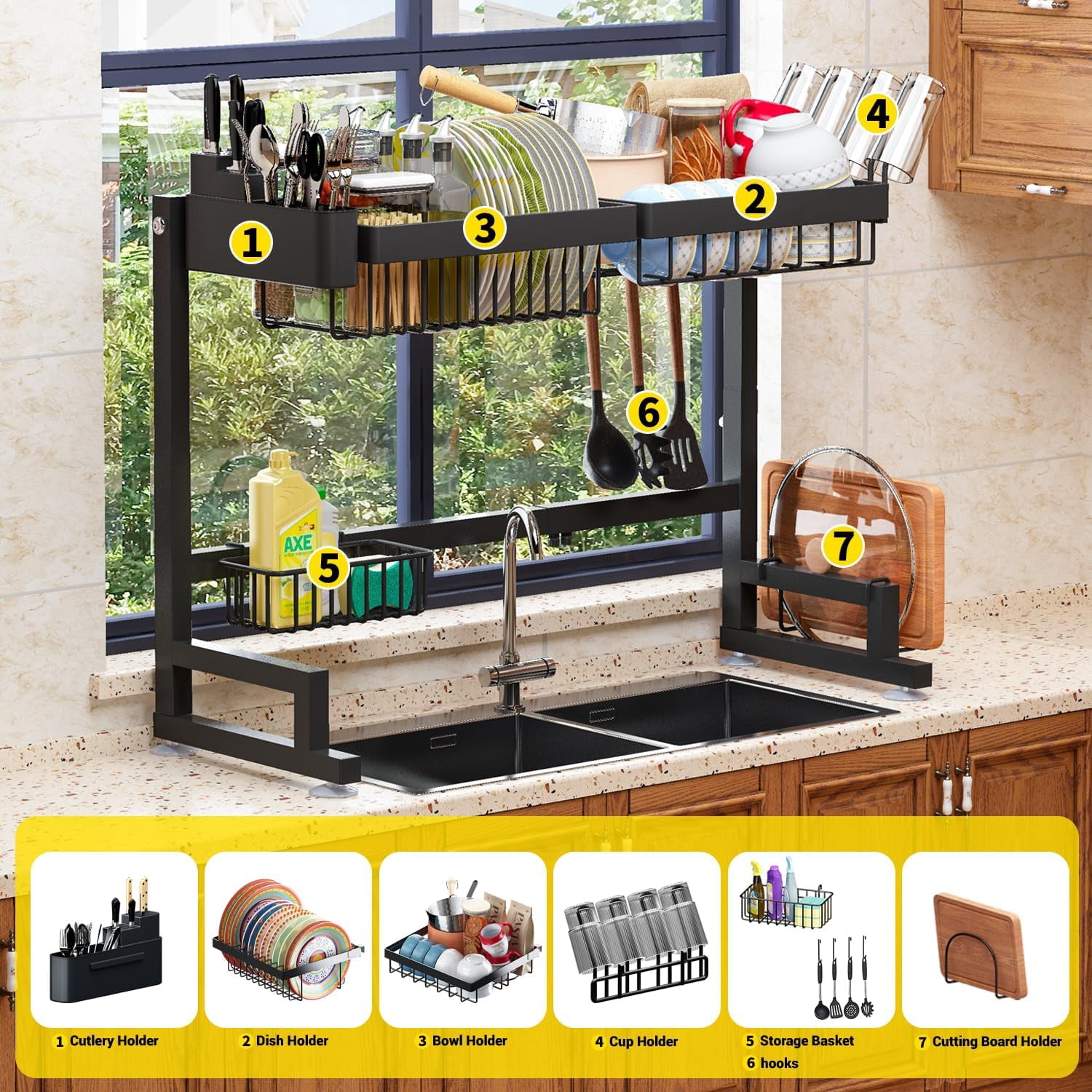 Adjustable Over Sink Dish Drying Rack with Snap-On Design - Expandable Length & Height