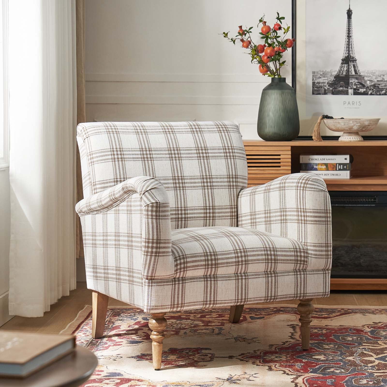 Tina's Home Farmhouse Plaid Accent Chair with Carved Wood Legs ,29.5”W Upholstered Rustic Armchair for Living Room, Bedroom or Reading Nook, GREENGUARD Certified, Tan