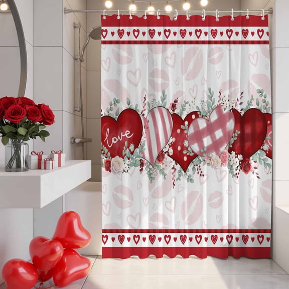 Valentine's Day Shower Curtain, 72" x 72", Red Pink Stripes Plaid Dots Love Heart Pink Lip Print Waterproof Bathroom Curtain Washable Shower Curtain Set with 12 Hooks