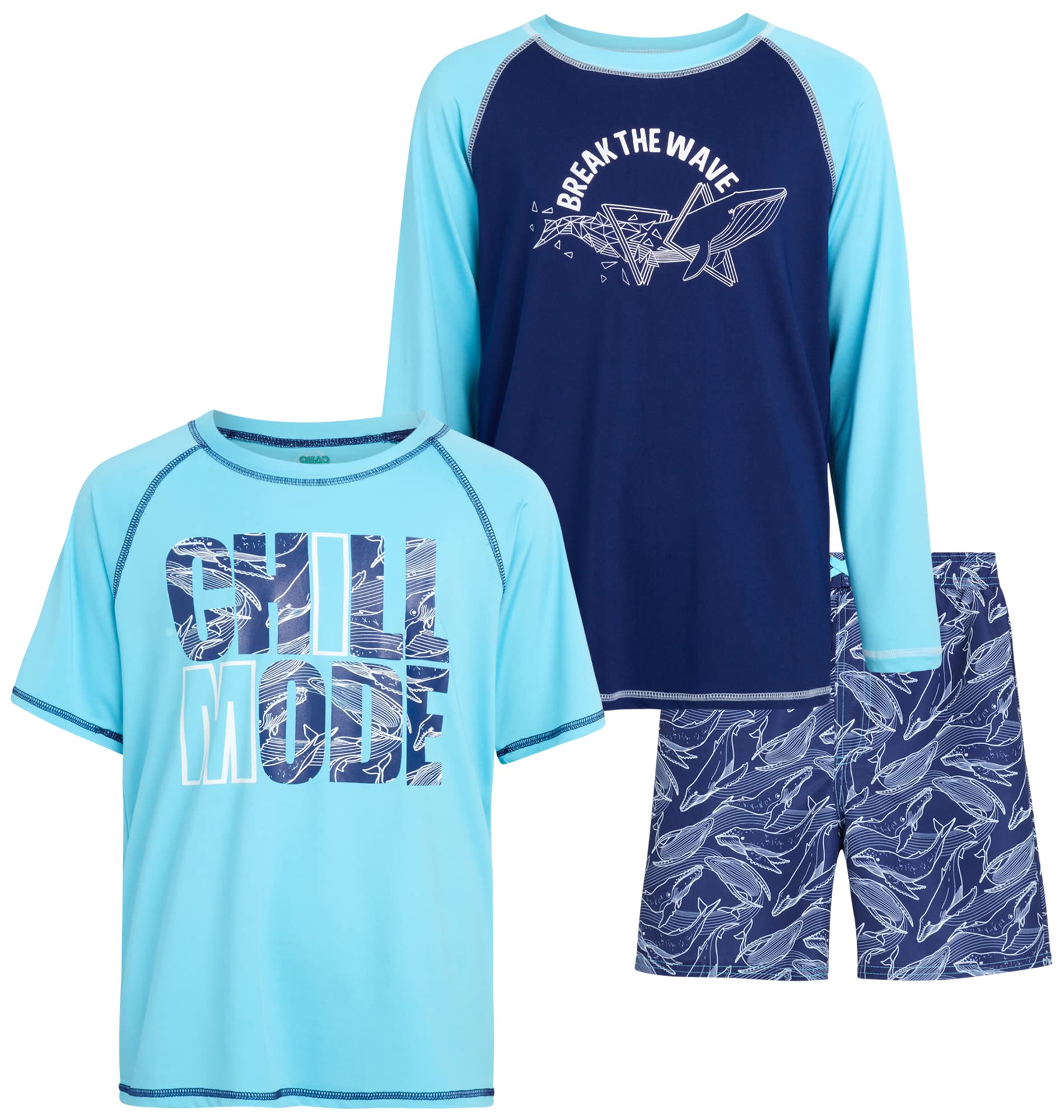 Quad Seven Boys' Rash Guard Set 3 Piece Bathing Suit Trunks and Rash Guard Shirt (512), Size
