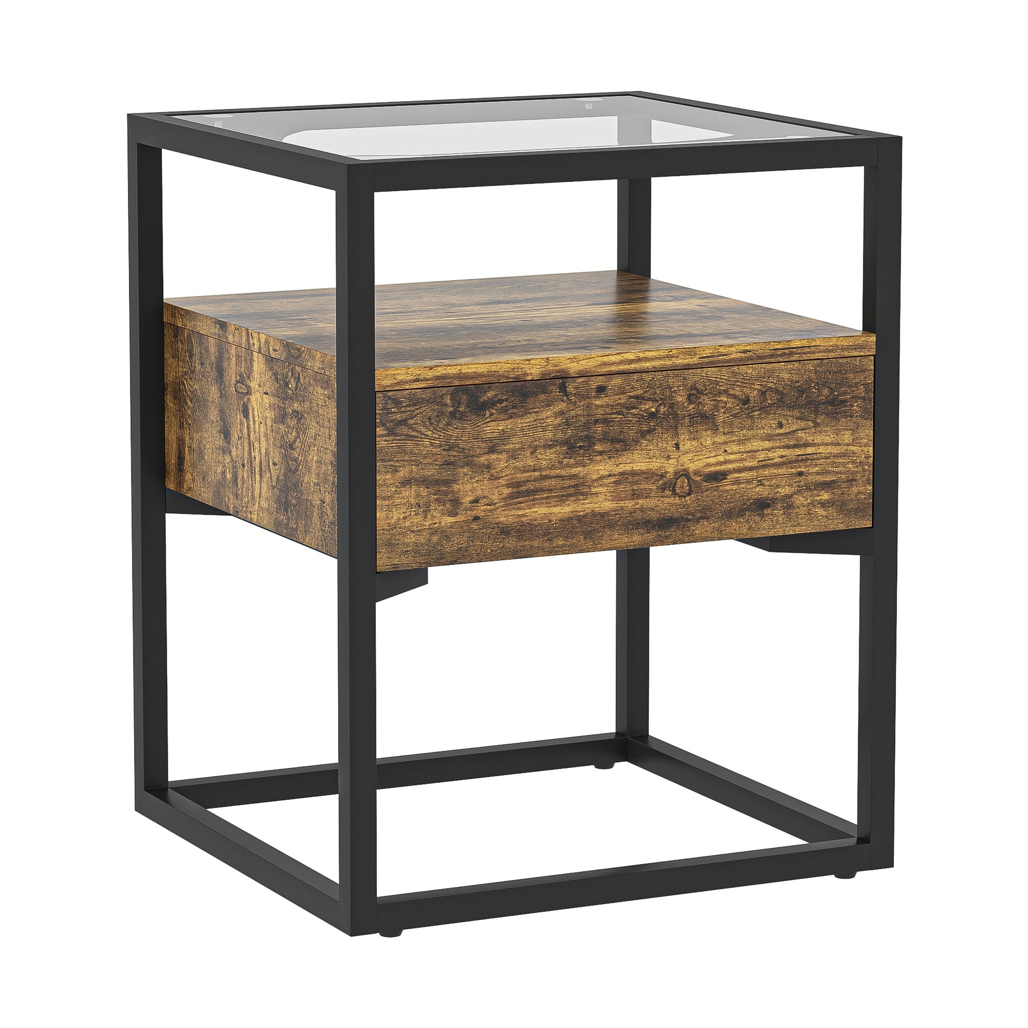 Kadyn Modern Nightstand, Glass Bedside Table with Drawers, Nightstand Side Table for Bedroom, Brown