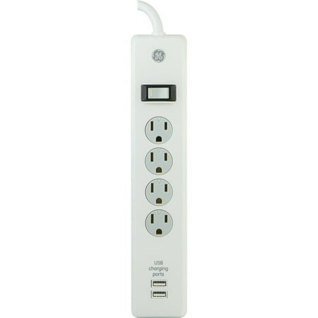 - GE 4-Outlet 2 USB Port Surge Protector with 3 Ft. Extension Cord, white