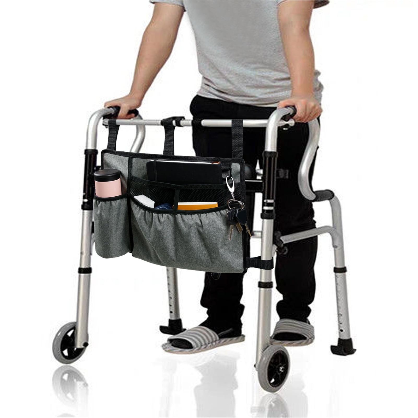 Walker Bag Walker Organizer Pouch Attachments Bags with Cup Holder Large Capacity Accessory Basket Provides Hands Free Storage for Wheelchair Rollator