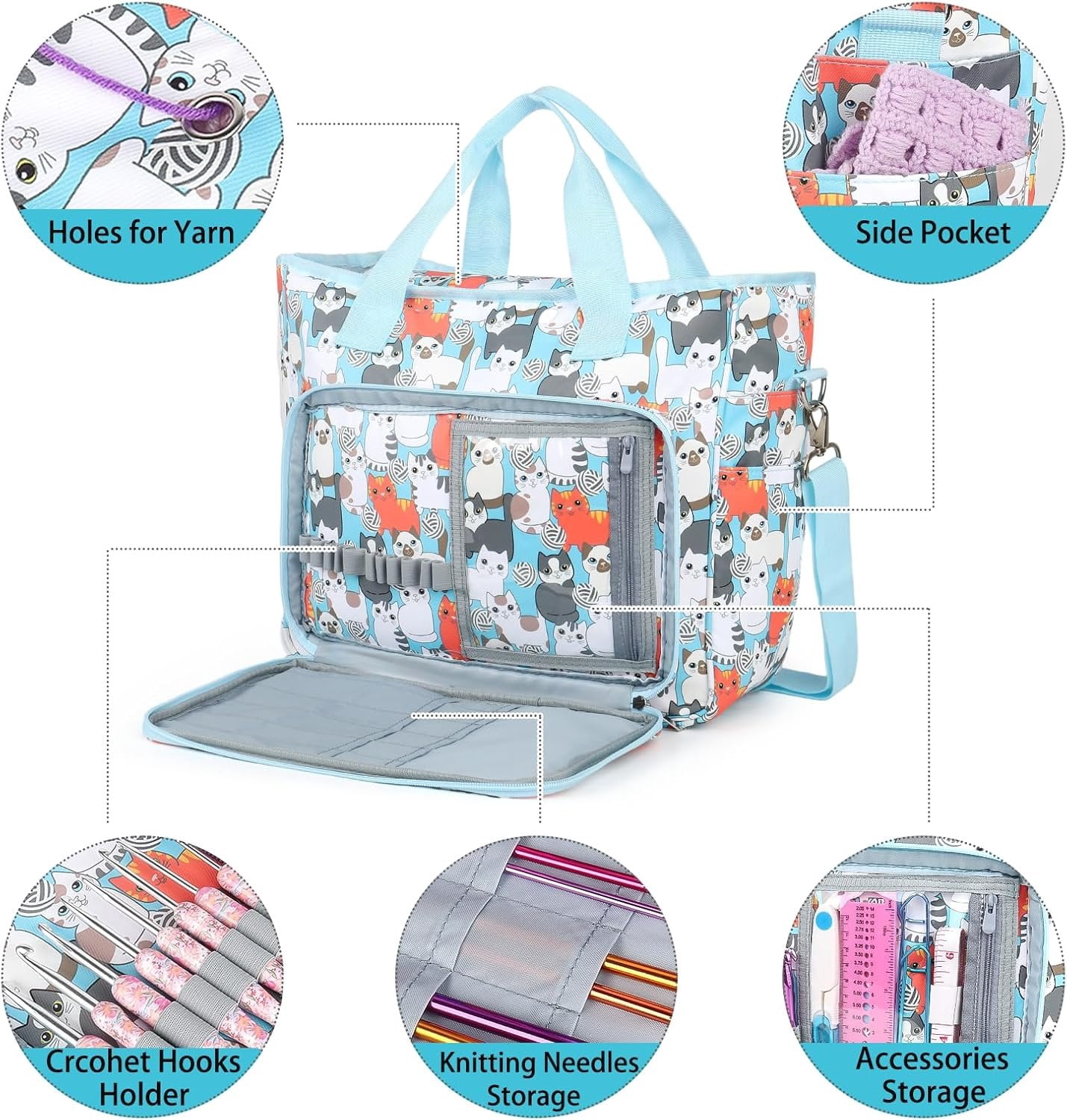 Yarn Storage Organizer Travel Crochet Bag, Large Capacity Tote Bag Knitting Bag for Carrying Projects, Knitting , Crochet Hooks and Yarn, Cute Blue