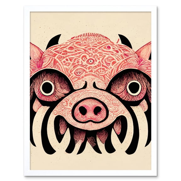 Tribal Pattern Pig Hog Mask Wild Boar Illustration Art Print Framed Poster Wall Decor 12x16 inch