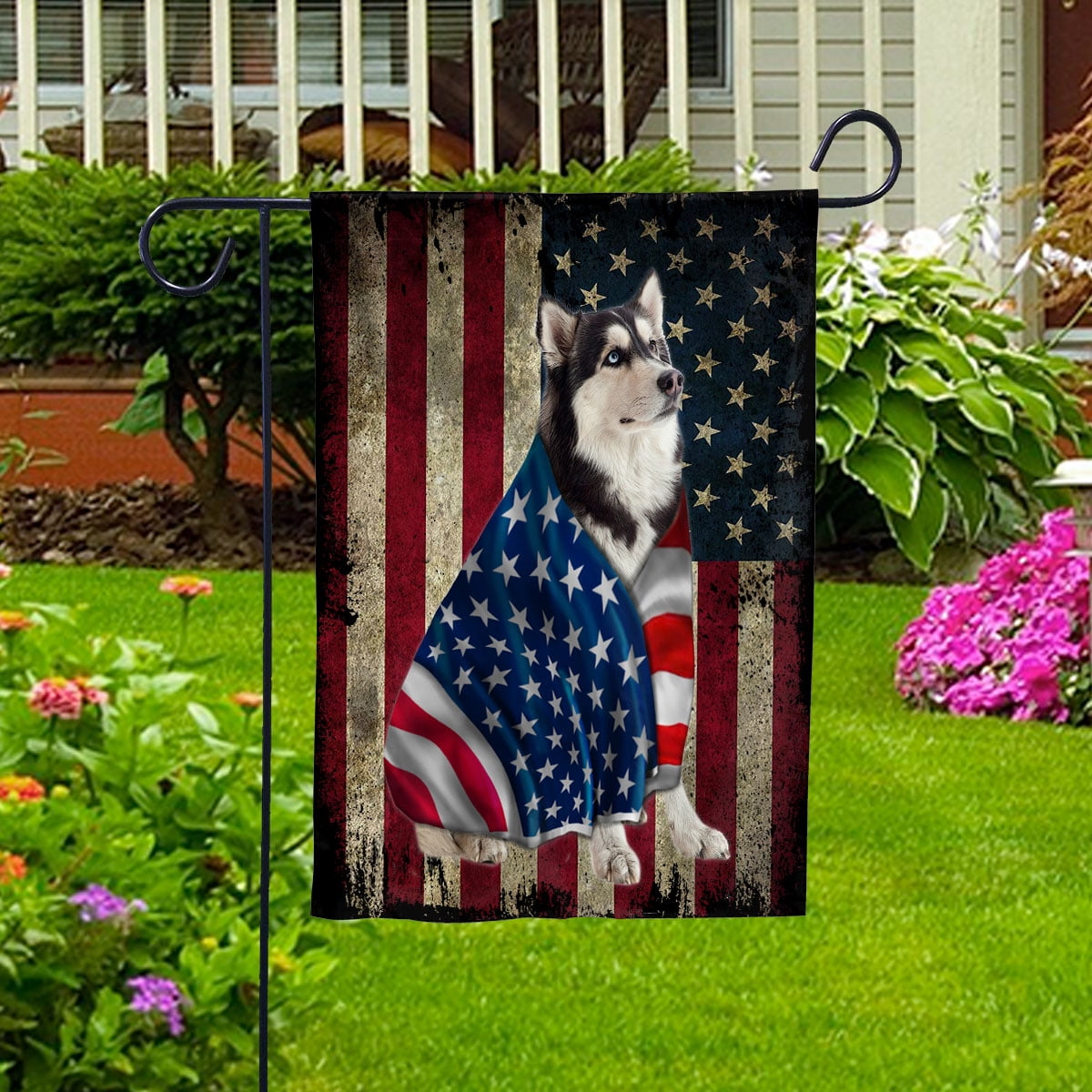 American Flag with Husky Dog stand under the cross Patriot Patriotic 4th of july Garden Flag, Double-Sided Decorative Outdoor Flag, Polyester Yard Flag 12 x 18 in