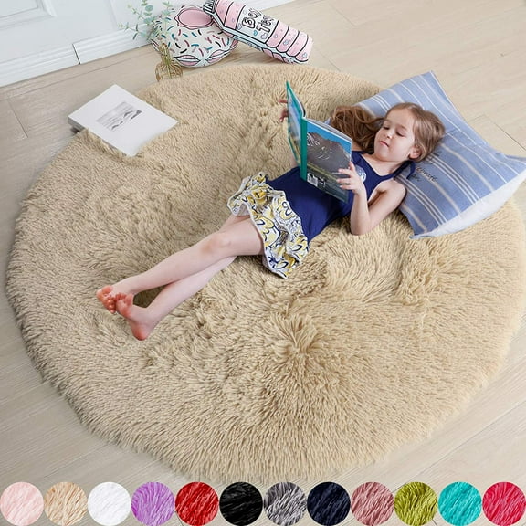 Round Rug for Bedroom, 4'x4ft Fluffy Circle Rugs for Girls Kids Room, Shaggy Round Carpets, Cute Room Decor for Baby, Soft Circular Rug