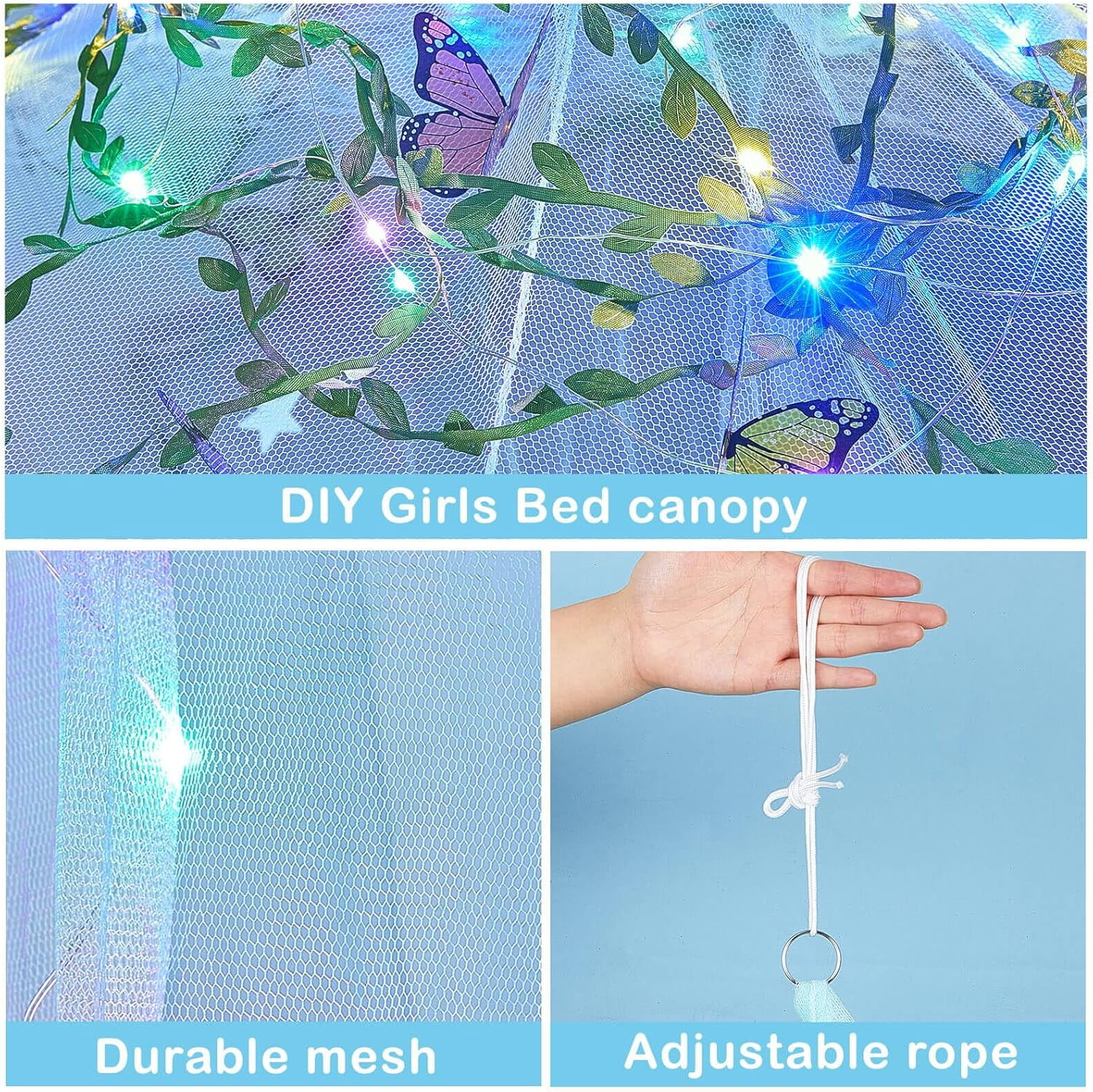 CAILDANL Bed Canopy for Girls Room Bed Canopy Curtains with Led Lights Mosquito Net DIY Princess Room Décor with Stars Butterflies for Kids Bedroom, Hot Pink