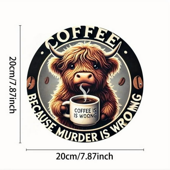 1pc, Humorous Highland Cow Coffee Sign, 8x8 inch Round Iron Wall Decor, No Electricity Needed, Flat Printed Metal Art for Bar, Cafe, Club, Kitchen