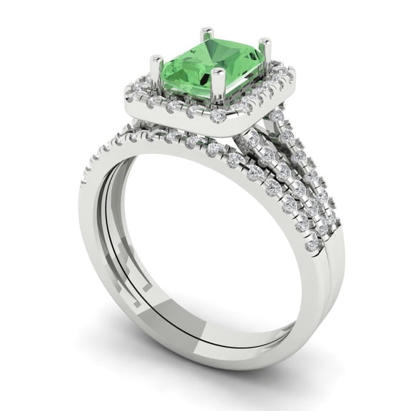 1.57ct Brilliant Emerald Cut Green Zircon 18K White Gold Halo Solitaire with Accents Engagement Bridal Wedding Ring Band Set size 3.5
