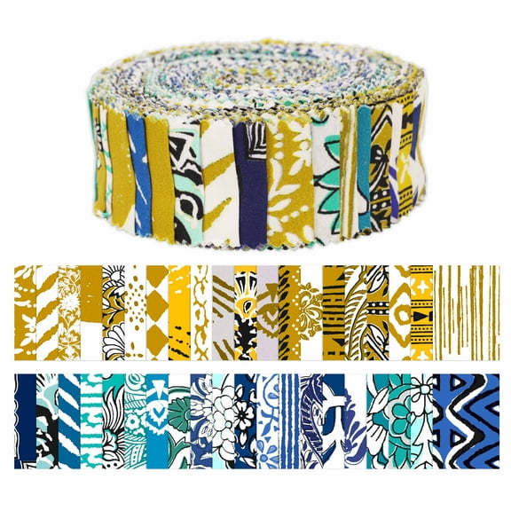 Soimoi 40Pcs Asian Block Print Precut Fabrics Strips Roll Up 1.5x42 inches Cotton Jelly Rolls For Quilting - Mustard, Blue, White